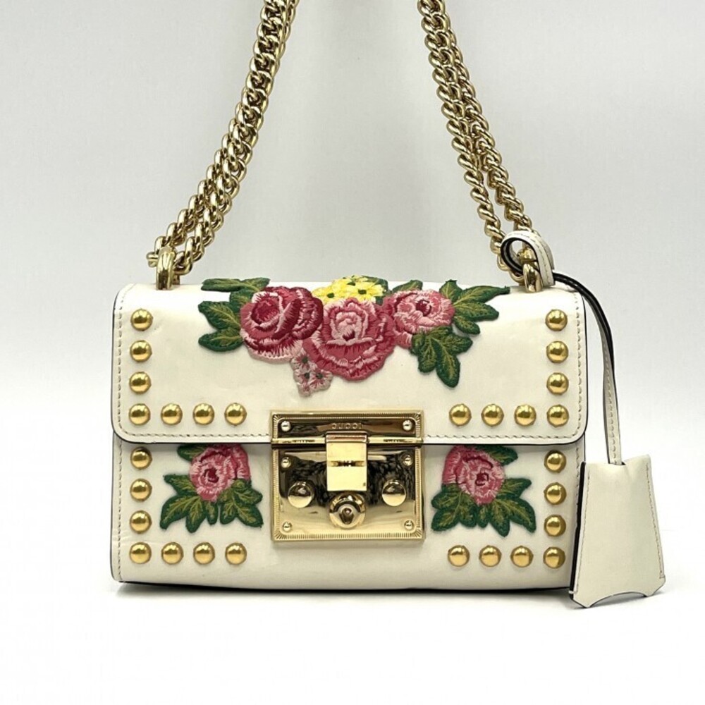 GUCCI Padlock Chain Shoulder Bag Floral Embroidery Studs White Leather Gold